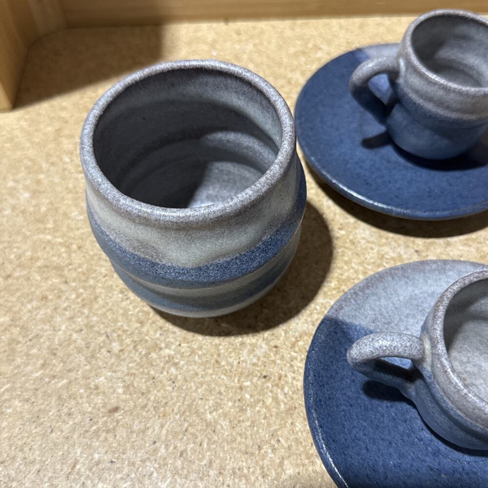 VTG Studio Pottery Blue Gray Espresso Cups & Saucers Sugar Bowl Set - Picture 7 of 16